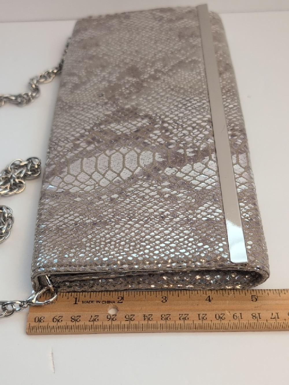 White House Black Market Silver Snake-Embossed Chain Clutch - Picture 13 of 14